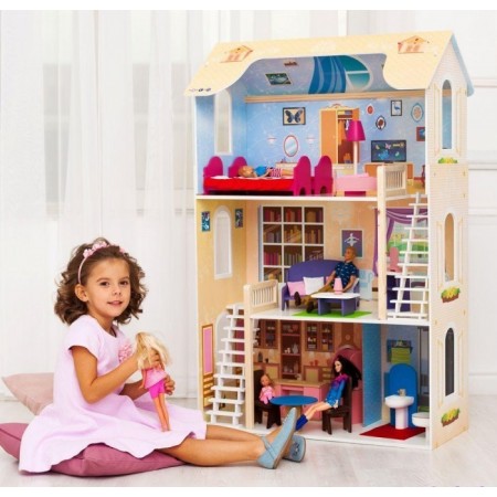 Деревянный кукольный домик  с мебелью (16 предметов)