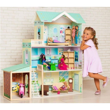 Деревянный кукольный домик с мебелью и гаражом (11 предметов)