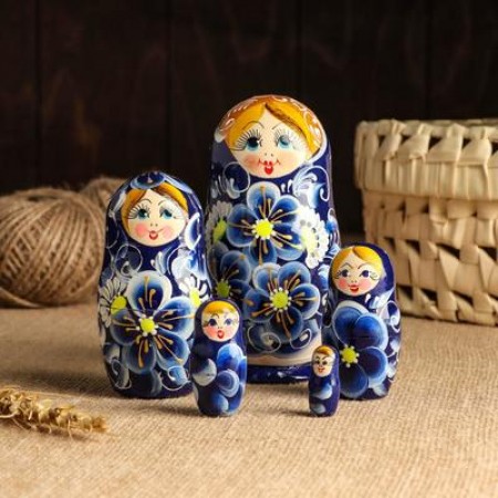 Матрёшка 5-ти кукольная "Нина" синяя , 13см, ручная роспись.