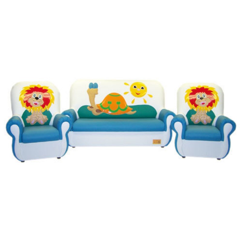 
"Сказка люкс" комплект детской мягкой мебели Львенок и черепаха бело-голубой.