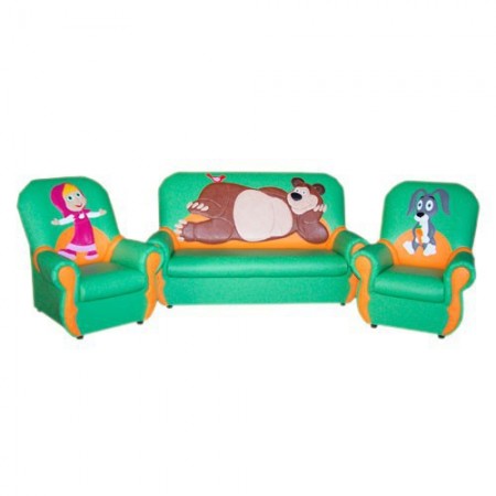 "Сказка люкс" комплект детской мягкой мебели Девочка и Мишка зелено-оранжевый. 